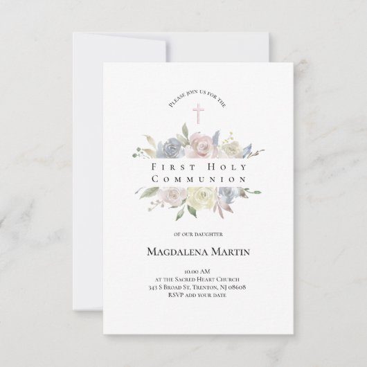 Blume von Aquarellfarben Erste Kommune Einladung (Vorderseite)