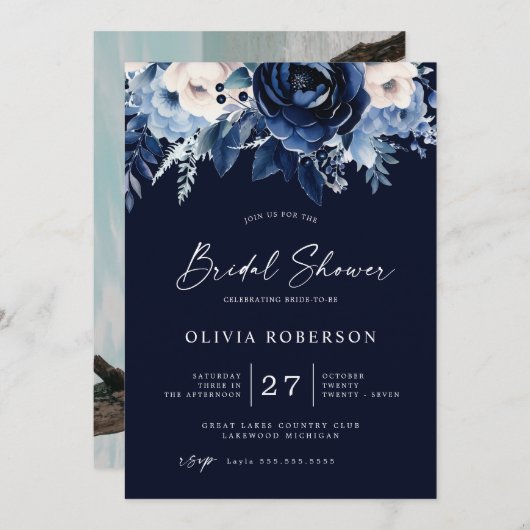 Blume von Blue Wedding Brautparty White Einladung (Vorne/Hinten)