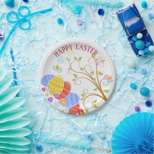 Blume von bunten Eiern und Vögeln - frohe Ostern Pappteller (Party)