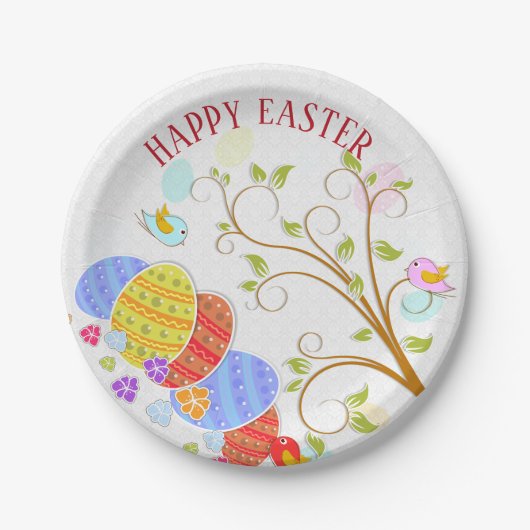 Blume von bunten Eiern und Vögeln - frohe Ostern Pappteller (Vorderseite)