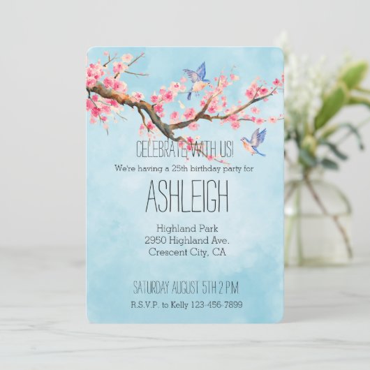 Blume von Cherry Blossom Vögel Einladung (Stehend Vorderseite)