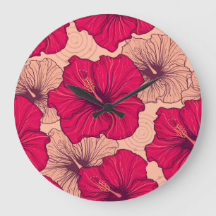 Blume von handgezogenen Hibisken Vintag Große Wanduhr