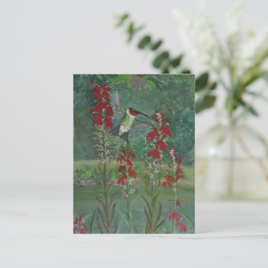Blume von Ruby-throat und Kardinal Postkarte (Stehend Vorderseite)