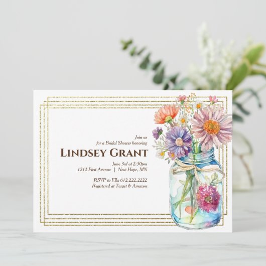 Blume Wasserfarbe Mason Jar Brautparty Einladung (Stehend Vorderseite)