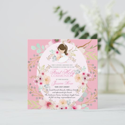 Blume Wasserfarbe Rosa Erstkommunion Einladungen (Stehend Vorderseite)