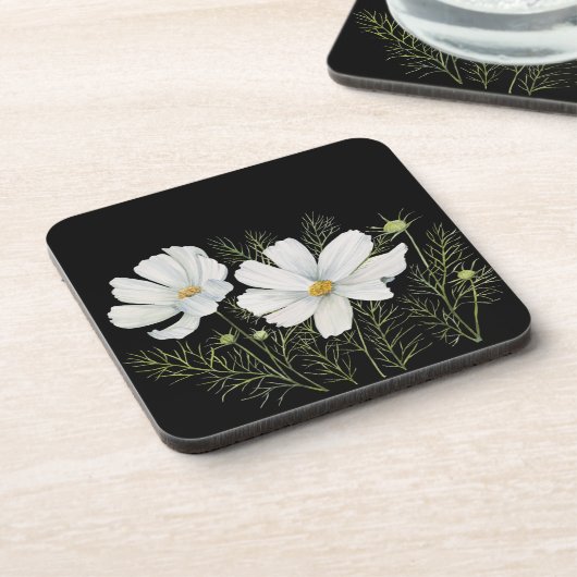Blume Wasserfarbe Weißer Kosmos Botanische Malerei Getränkeuntersetzer (Linke Seite)