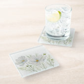 Blume Wasserfarbe Weißer Kosmos Botanische Malerei Glasuntersetzer (Schrägansicht)