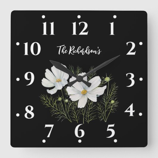 Blume Wasserfarbe Weißer Kosmos Botanische Malerei Quadratische Wanduhr (Vorderseite)