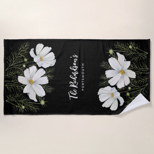 Blume Wasserfarbe Weißer Kosmos Botanische Malerei Strandtuch (Vorderseite)