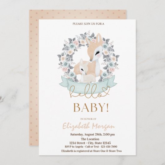 Blume Wasserfarben Babyhirschen Dots Babydusche Einladung (Vorne/Hinten)