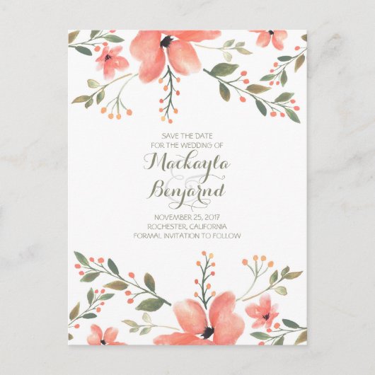 Blume Wasserfarbene Elegante Save the Date Ankündigungspostkarte (Vorderseite)