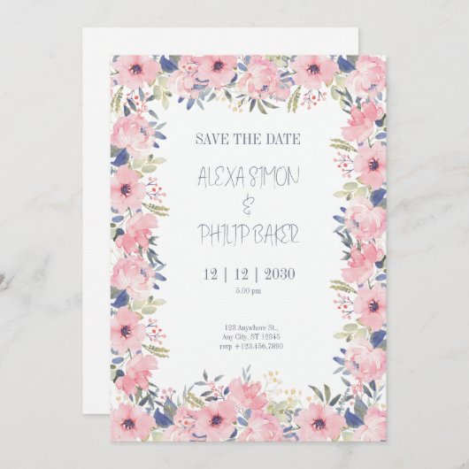 Blume Wasserfarbene Hochzeit Einladung (Vorne/Hinten)