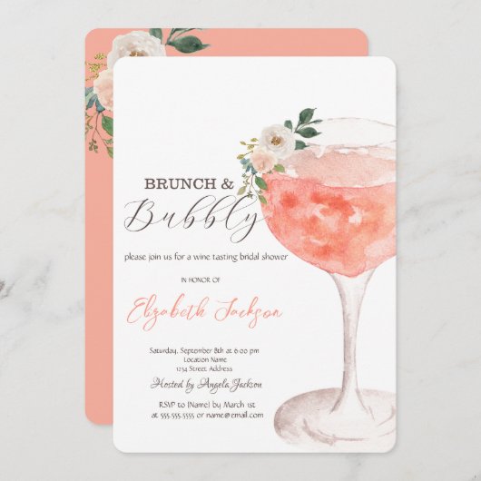 Blume Wein Brunch & Bubbly Einladung (Vorne/Hinten)