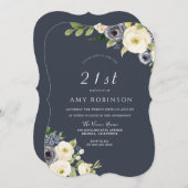 Blume Weiß & Navy Schönes 21. Geburtstag Party Einladung (Vorne/Hinten)
