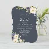 Blume Weiß & Navy Schönes 21. Geburtstag Party Einladung (Stehend Vorderseite)