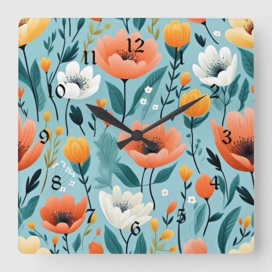 Blume, weiß, pfirsichfarben, gelb, quadratische wanduhr (Vorderseite)