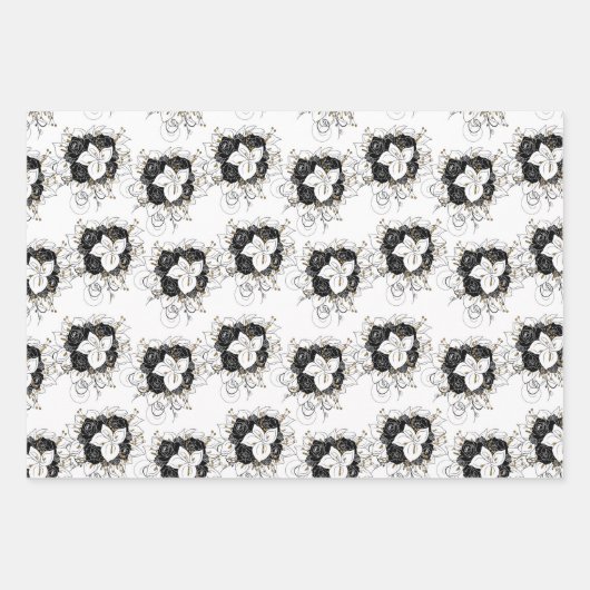 Blume Weiß, Schwarz und Gold Geschenkpapier Set (Vorderseite 3)