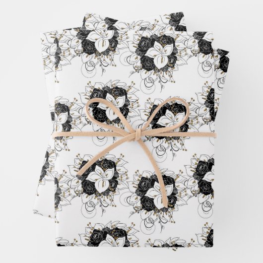 Blume Weiß, Schwarz und Gold Geschenkpapier Set (Beispiel)