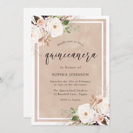 Blume Weiß und Rot Aquarell Quinceanera Party Einladung (Vorne/Hinten)