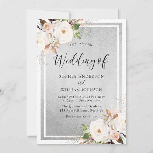 Blume Weiß und Rot Silver Elegante Hochzeit Einladung (Vorderseite)