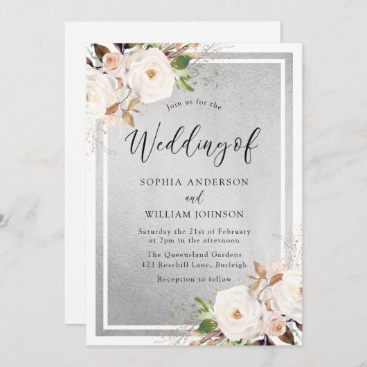 Blume Weiß und Rot Silver Elegante Hochzeit Einladung (Vorne/Hinten)