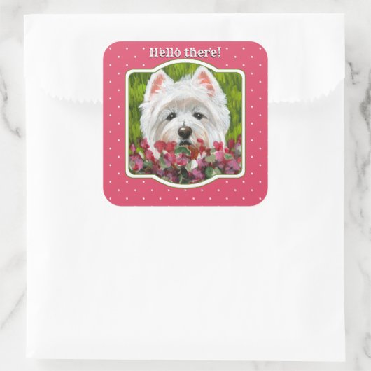 Blume Westie und Pink Quadratischer Aufkleber (Tasche)