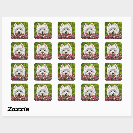 Blume Westie und Pink Quadratischer Aufkleber (Blatt)