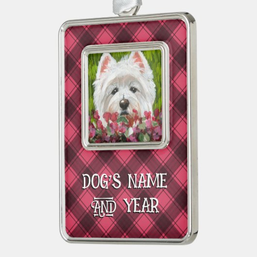 Blume Westie und Pink Rahmen-Ornament Silber (Links)