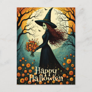 Blume Witch Girl Night Forest Happy Halloween Postkarte