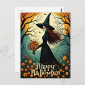 Blume Witch Girl Night Forest Happy Halloween Postkarte (Vorne/Hinten)