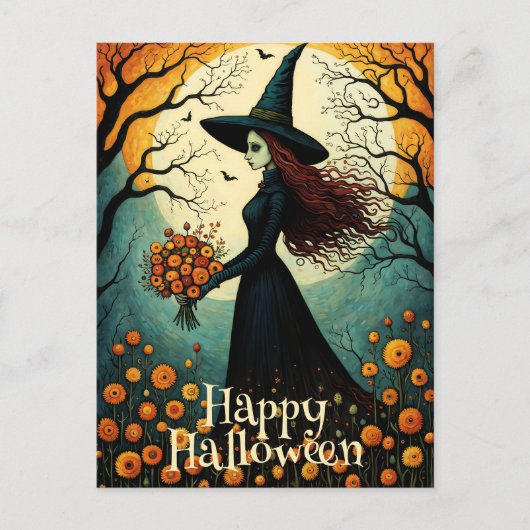 Blume Witch Girl Night Forest Happy Halloween Postkarte (Vorderseite)