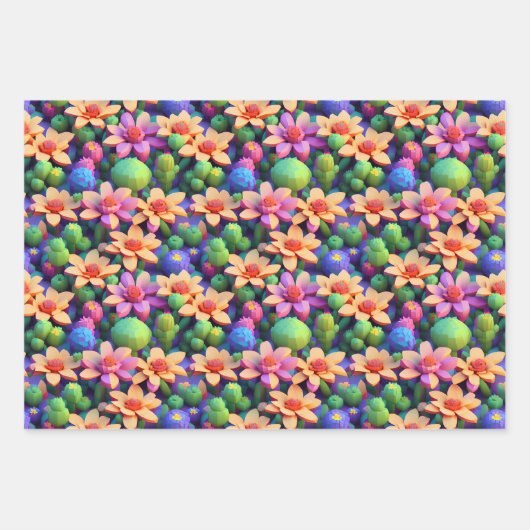 Blume Wrapping Paper - Helles, mehrfarbiges Voxel Geschenkpapier Set (Vorderseite)