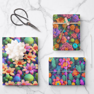Blume Wrapping Paper - Helles, mehrfarbiges Voxel Geschenkpapier Set
