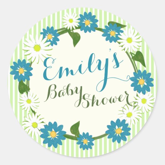 Blume Wreath Baby Dusche Blue Runder Aufkleber (Vorderseite)