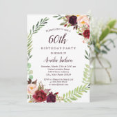 Blume Wreath Burgund 60. Geburtstag Einladung (Stehend Vorderseite)