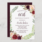 Blume Wreath Burgund 60. Geburtstag Einladung (Vorne/Hinten)