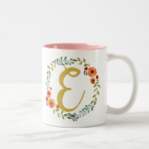 Blume Wreath Gold Monogram Initial E Zweifarbige Tasse