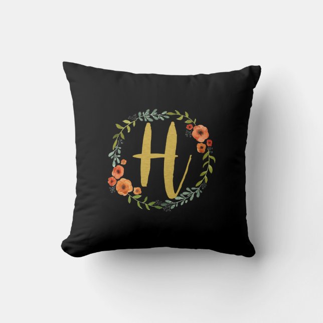 Blume Wreath Gold Monogram Initial H Cushion Kissen (Vorderseite)
