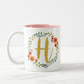 Blume Wreath Gold Monogram Initial H Zweifarbige Tasse (Links)
