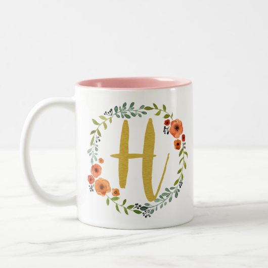Blume Wreath Gold Monogram Initial H Zweifarbige Tasse (Links)