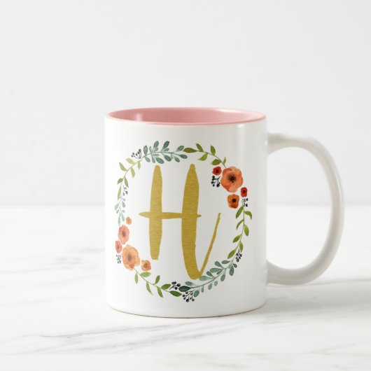 Blume Wreath Gold Monogram Initial H Zweifarbige Tasse (Rechts)