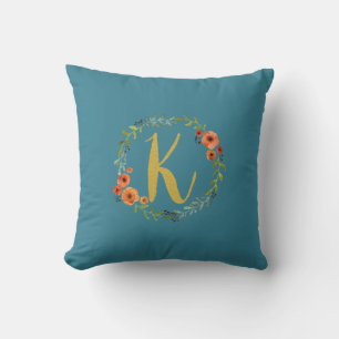 Blume Wreath Gold Monogram Initial K Cushion Aquam Kissen