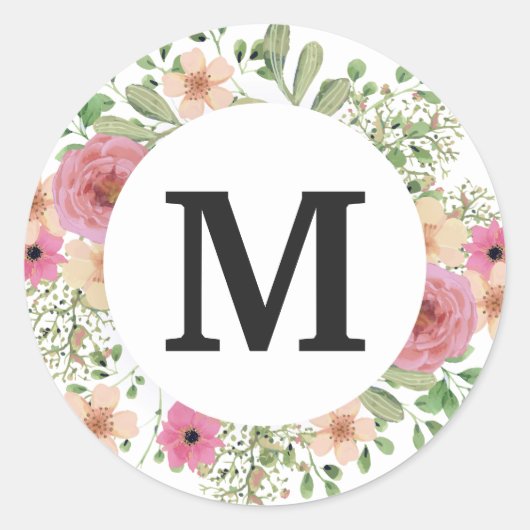 Blume Wreath Monogram Classic niedlich Runder Aufkleber (Vorderseite)