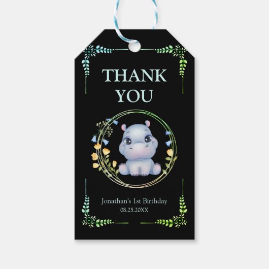 Blume Wreath Niedlich Hippo Geburtstag Danke Ihnen Geschenkanhänger (Vorderseite)