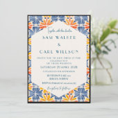 Blume Yellow Blue Orange Tile Wedding (Grenze) Einladung (Stehend Vorderseite)