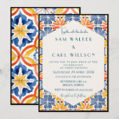 Blume Yellow Blue Orange Tile Wedding (Grenze) Einladung (Vorne/Hinten)