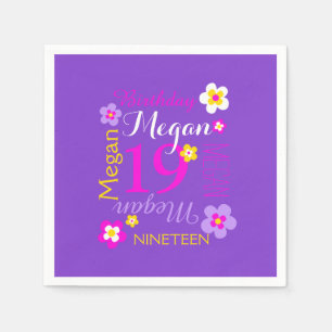 Blume zum 19. Geburtstag mit dem Namen Grafik lila Serviette