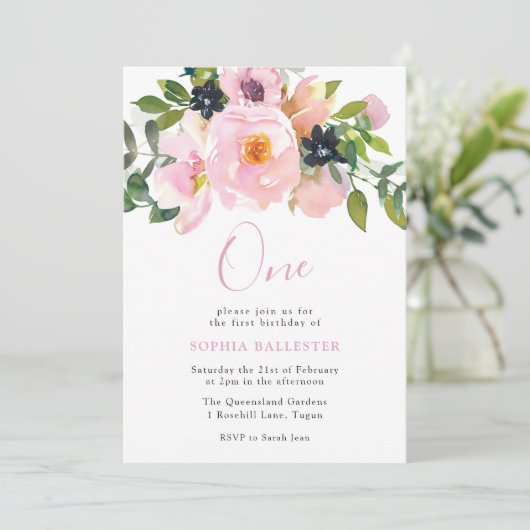 Blume zum 1. Geburtstag Einladung (Stehend Vorderseite)