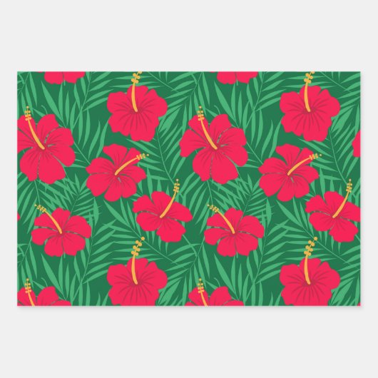 Blume zum Roten Hibiskus auf den tropischen grünen Geschenkpapier Set (Vorderseite)