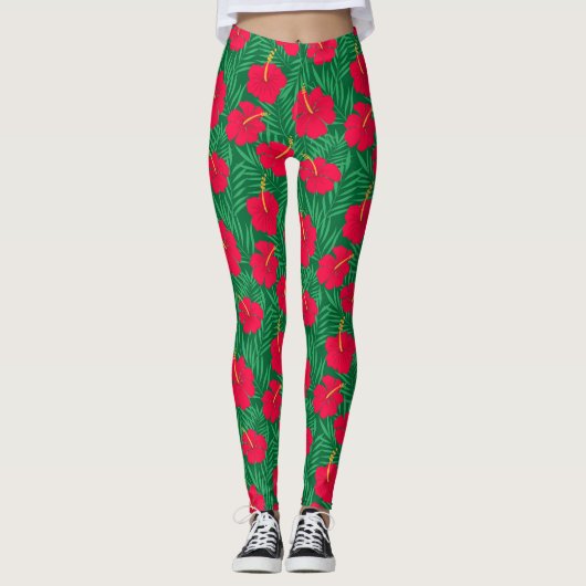 Blume zum Roten Hibiskus auf den tropischen grünen Leggings (Vorderseite)